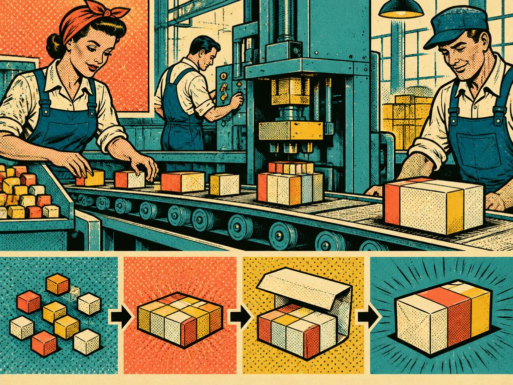 Ilustrație retro cu o linie de asamblare în care componentele se adună într-un pachet final