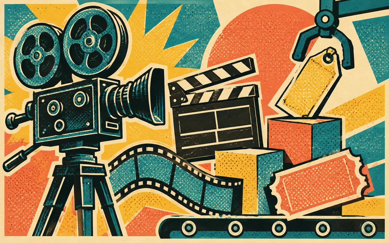 Ilustrație retro pop art: cameră de filmat, clapetă și etichete de preț pe o bandă de asamblare